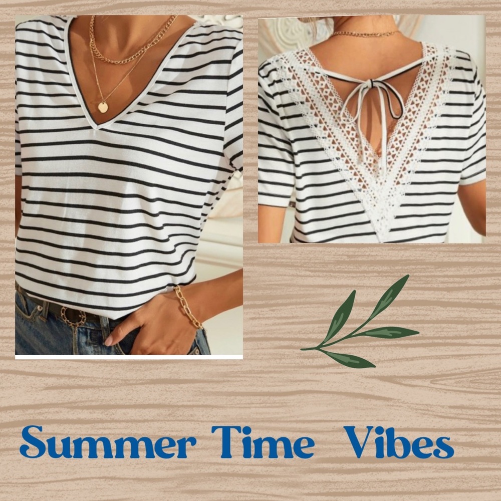 👚NWT Striped Guipure Lace Insert Tie Back True Classic Striped Tee Medium👚